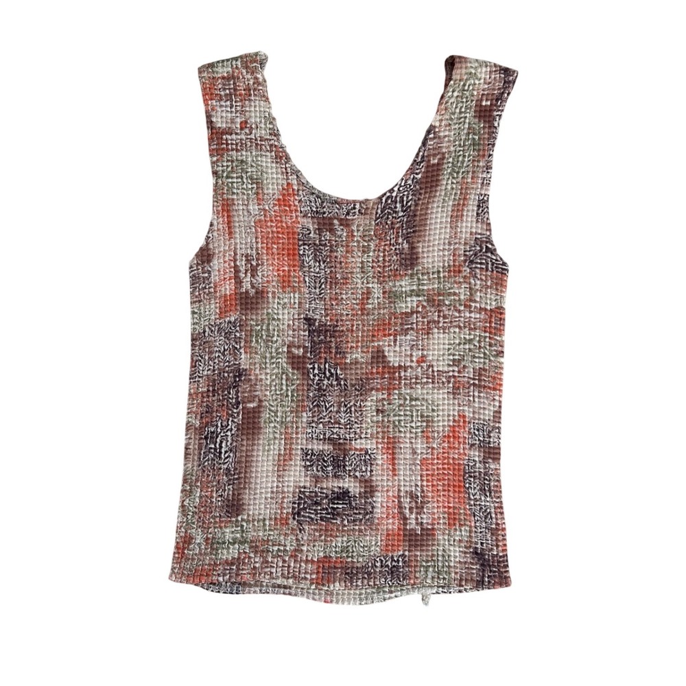 Vintage Y2K Crinkle Tank Top Earth Tone Abstract Boho Sleeveless Small
